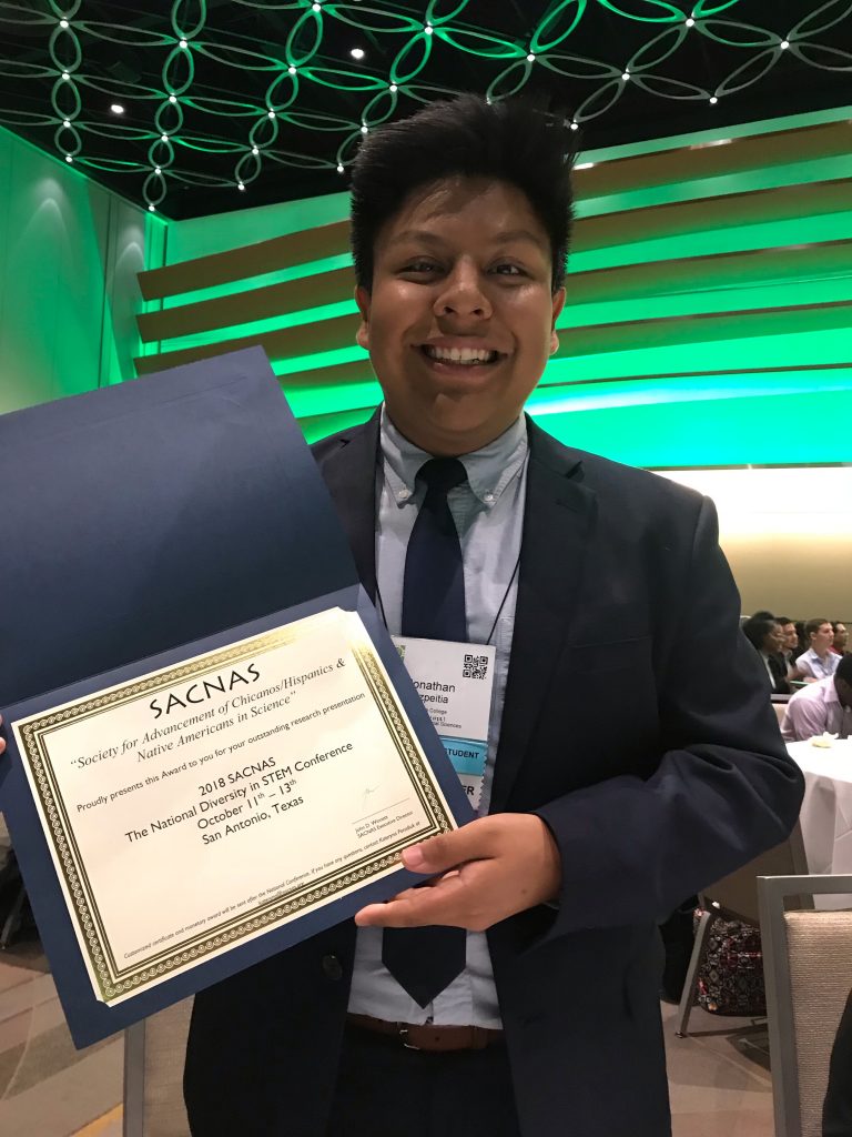 Jovani receives the 2018 SACNAS Undergraduate Student Poster Presentation Award in General Psychology